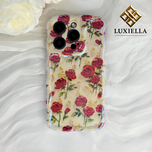 Luxiella kırmızı gül desenli beyaz şeffaf telefon kılıfı, zarif çiçekli tasarım, iPhone uyumlu şeffaf koruma, lüks görünümlü rose case, dayanıklı ve şık kılıf modeli, romantik telefon kılıfı, modern ve estetik tasarım