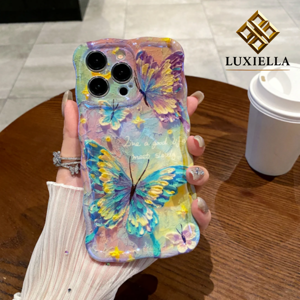 Luxiella pembe kelebek desenli telefon kılıfı, şeffaf koruyucu iphone case, 3D kabartmalı kelebekli şık tasarım, premium lüks telefon kılıfı, renkli zarif kılıf, darbeye dayanıklı silikon kapak, şeffaf ve desenli