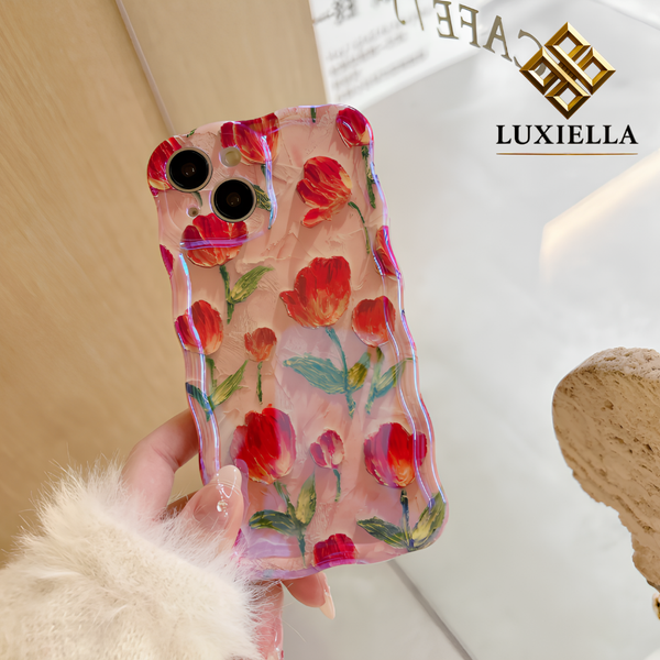 Luxiella kırmızı lale desenli pembe şeffaf telefon kılıfı, zarif çiçekli tasarım, iPhone uyumlu şeffaf koruma, lüks görünümlü rose case, dayanıklı ve şık kılıf modeli, romantik telefon kılıfı, modern ve estetik tasarım