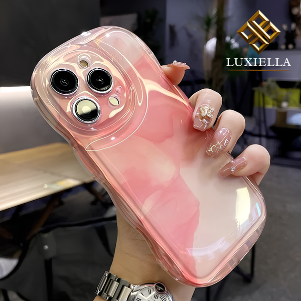 Luxiella Pembe Dalga Şeffaf Telefon Kılıfı – iPhone uyumlu, parlak gradient gövde, esnek çerçeve + darbeye dayanıklı arka, düşme ve çizik koruması, ince & hafif profil, kablosuz şarj uyumlu, net buton hissi